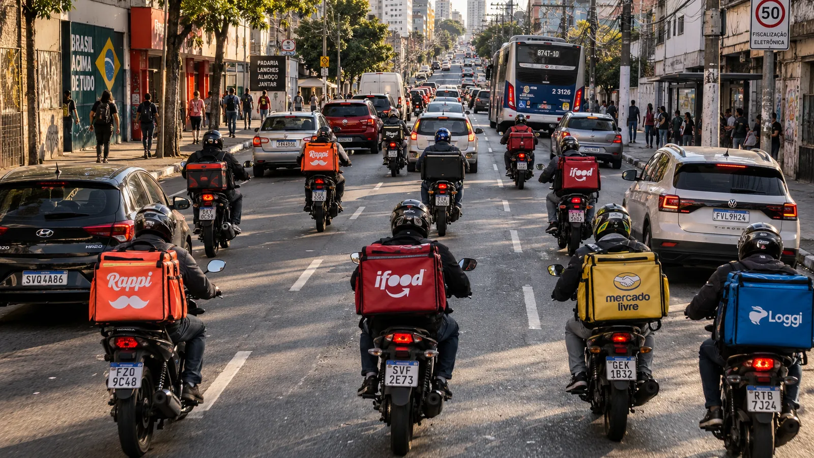 Vários motoboys com bolsas de entrega de diferentes aplicativos no trânsito de uma avenida movimentada