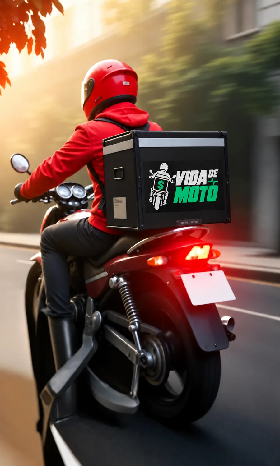 Entregador de capacete vermelho pilotando moto com bauleto preto estampado com a marca VidaDeMoto